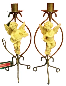 1995 Weihnachten um die Welt S/2 Cherub Engel Kerzenhalter Metall Harz 11"T - Bild 1 von 5