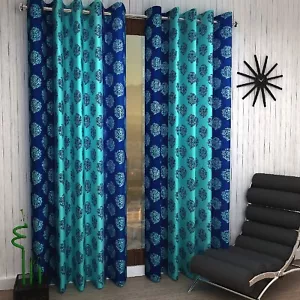 Eyelet Flower Damask Polyester Door Curtains 7 Feet Blue 2 Piece - Picture 1 of 3
