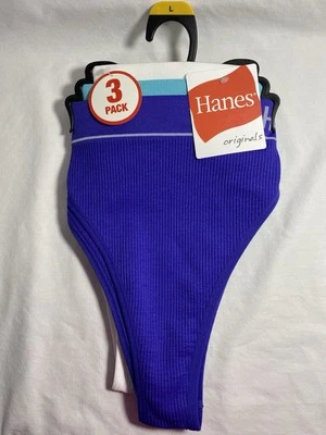 Hanes Original Women's High Cut Cheeky Underwear 3 Pack Blue Aqua White LG - Image 1 of 4