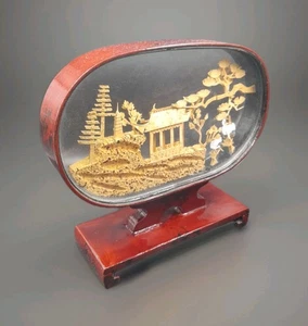 Vintage chinesisches SAN YOU Diorama Korkschnitzerei gefasst 18 cm Pagode Bäume Kraniche - Bild 1 von 13