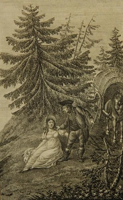 Junge Frau und Kutscher, Kupferstich Romantik Trachten Unbekannt (19.Jhd) - Bild 1 von 4