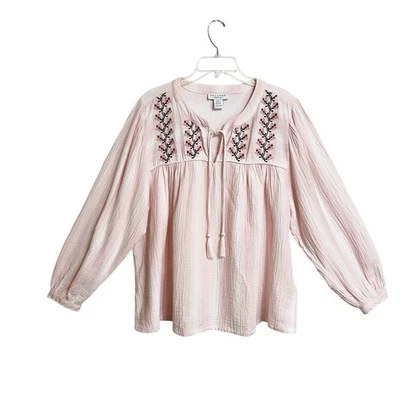 Top Popover Calypso St. Barth Mujer Boho Gasa 3X Talla Grande Rosa Rayas Borlas Foto 1 de 4