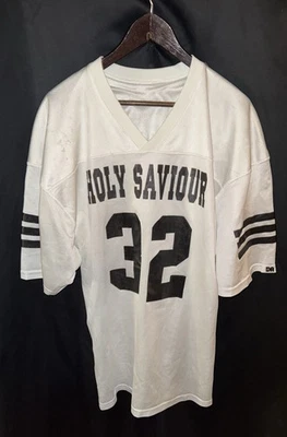 Camiseta de fútbol vintage de 1980 Alleson Holy Saviour blanca y negra #32 para hombre LG Foto 1 de 4