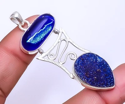 Colgante de plata de ley 925 de vidrio druso y dicroico de ágata azul titanio 2,34" A63 Foto 1 de 4