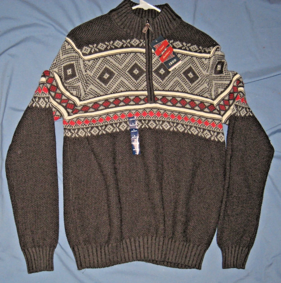 NUEVO CON ETIQUETAS IZOD Para hombres Pequeño Negro Brezo 1/4 Cremallera Tejido Navidad Vacaciones Esquí Suéter Foto 1 de 4
