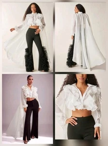 White Organza Ruffle Button Up Long Train Asymmetrical Maxi Boho Cropped Top M - Picture 1 of 17