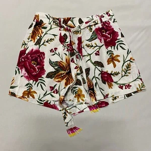 C&C California Linen Floral Shorts Beaded Tassle Women's 6 Pink Belted Waist - Picture 1 of 10