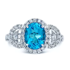14k Oro Blanco Ovalado Topacio Azul Suizo Diamante 3 3 Anillo Compromiso Piedra - Imagen 1 de 3