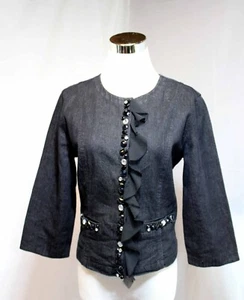 Womans Black Denim Jacket by Ruby Road Fitted Embellished Size 8 - Picture 1 of 12