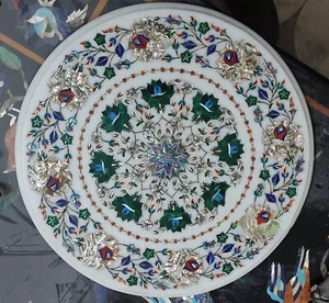 Round White Marble Coffee Table Italian Mosaic Stone Handmade Fine Art Furniture - Picture 1 of 8