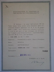 DICHIARAZIONE DI CONFORMITA' VESPA 125 APRILE 1964 ( aa19-1-8) - Imagen 1 de 1