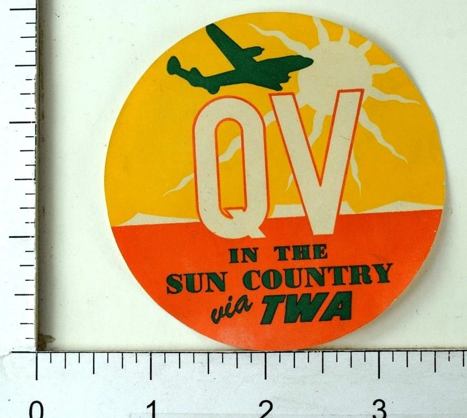 1940-50 QV In The Sun Country via TWA etiqueta de bagagem pôster selo F70 - Imagem 1 de 1