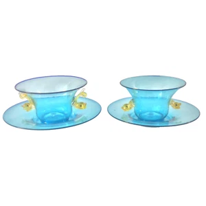 MURANO ITALY 1 SET OF 2 GLASS COMPOTE BOWLS PLATES DOLPHIN HANDLES BLU YELLOW - Picture 1 of 12