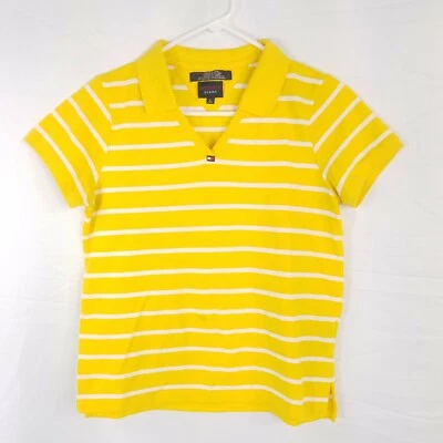 Tommy Jeans Polo Juniors Large V Neck Yellow Striped Collared Top Preppy Shirt - Image 1 of 3