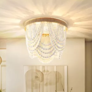 Wood Beaded Chandelier, Boho Ceiling Light Fixture, Bohemia Semi Flush Mount ... - Picture 1 of 6