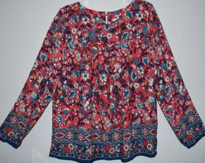LOFT Large Red Floral Blouse Long Sleeve Boho Lightweigth Peasant Top Keyhole - Picture 1 of 15