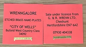 WRENN Etched model railway Name Plates Bulleid 'West Country' "CITY OF WELLS" - Picture 1 of 2
