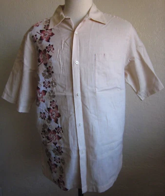 Axcess Beige Floral Linen Blend Button Front Hawaiian Shirt Men's Size Large - Image 1 of 4