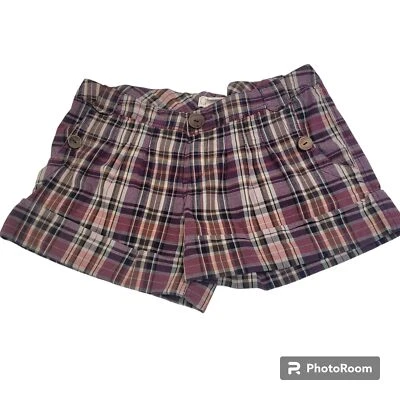 Pantalones Cortos OP, Mujer Junior 13, Púrpura, Beige y Tostado a Cuadros, 4" Entrepierna, Bolsillos, Usados en Excelente Condición Foto 1 de 4