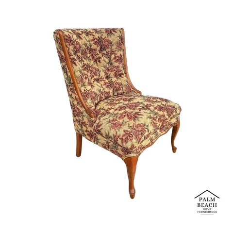 Vintage French Cabriole Tufted Slipper Chair w Tapestry Style Floral Upholstery Cover
