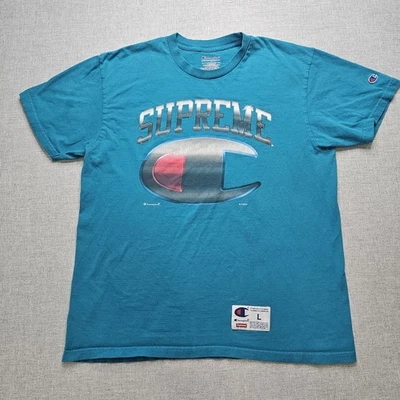 Supreme X Champion T-Shirt Mens Large Chrome Graphic Teal Short Sleeve  - Image 1 of 4