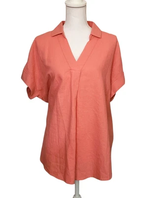 Liz Claiborne 衬衫短袖 V 领亚麻混纺珊瑚女式 XL 码 — 第 1/4 张图片