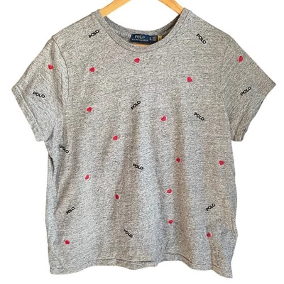 Polo Ralph Lauren Mujer XL Gris Estampado Corazón Manga Corta Camiseta Top Usado en Excelente Condición Foto 1 de 4
