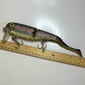 AC PLUG VINTAGE WOODEN Lure Jointed Swimming Rainbow Trout 1990's Handpainted - Picture 1 of 10