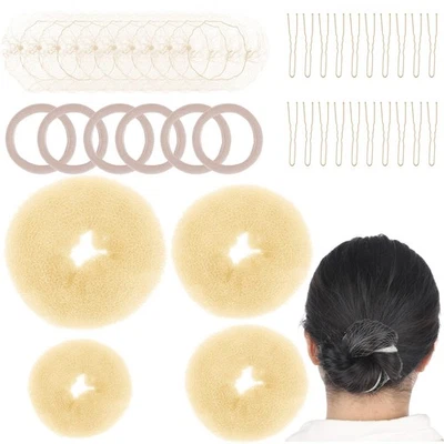 Juego de 40 piezas para hacer moños para el cabello con donas, redes para el cabello, bandas y alfileres en U beige Foto 1 de 4