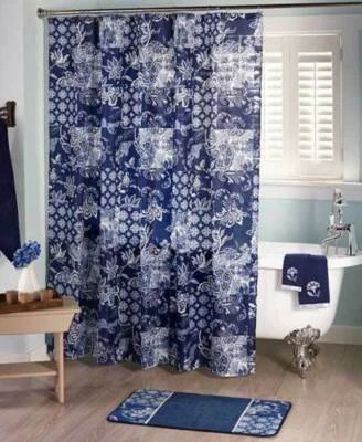 Blue Prescott Croscill Classic Shower Curtain Floral Hooks Accessory Rug Towels - Image 1 of 4