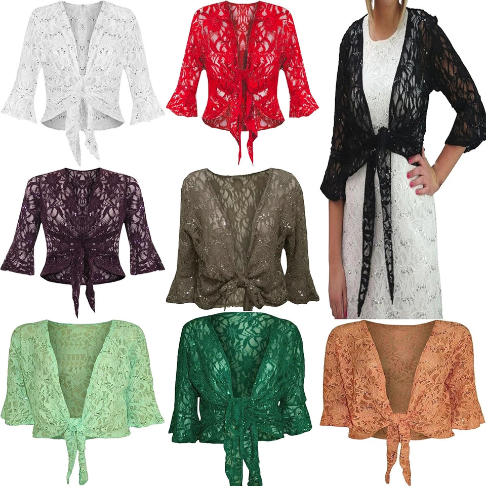 Ladies 3/4 Sleeve Floral Lace Tie Up Bolero Shrug Front Tie Sequin Crop Cardigan - Image 1 of 1