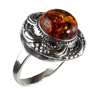 Sterling Silver and Baltic Honey Amber Round Ring "Inga" - Picture 1 of 5