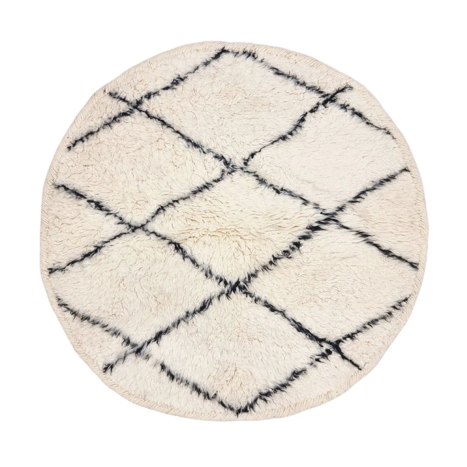 Round Moroccan Handmade Beniourain Rug3'2x3'2Berber Geometric White &Black Wool - Image 1 of 4