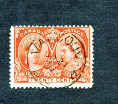 CANADA SCOTT 59 USED F/VF - 1897 20c VERMILLION - JUBILEE ISSUE - Image 1 of 3