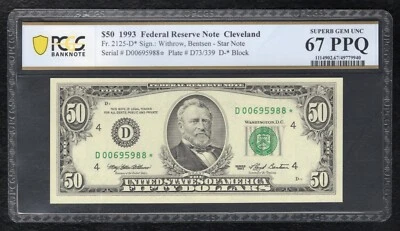 FR 2125-D* 1993 $50 *STAR* FRN CLEVELAND, OH PCGS BANKNOTE GEM UNC-67PPQ (C) - Image 1 of 2