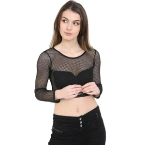 Womens Long Sleeve Fishnet Crop Top Round Neck See Through Beach Tees T shirt - Picture 1 of 4