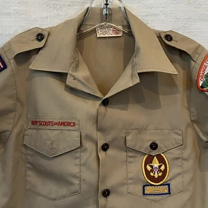 Boy Scouts Uniform Shirt Youth Size 16 BSA Scout Khaki Short Sleeve With Patches - Picture 1 of 8