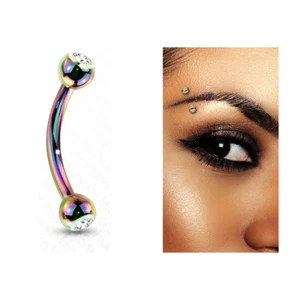 18G 1/4" RAINBOW TITANIUM STEEL DOUBLE CZ GEM CURVED BARBELL EYEBROW Daith RING - Picture 1 of 1