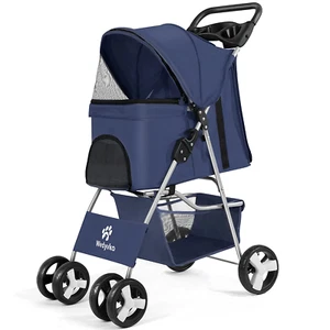Pet Dog Stroller, 4 Wheel Foldable Cat Dog Stroller with Storage Basket, Handle - Picture 1 of 12