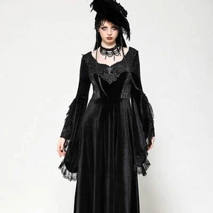 DARK IN LOVE Gothic Kleid Schwarz Samt Spitze Vintage Velvet Romantic Dress - Picture 1 of 11