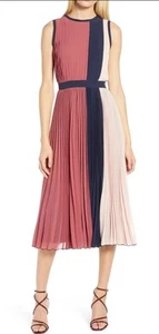 Halogen X Atlantic-Pacific Colorblock Pleated Midi Dress Pink Navy Size 6 Easter - Picture 1 of 15