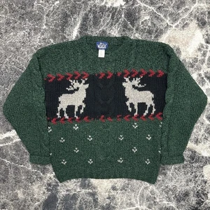 Vintage Woolrich Sweater Mens Large Wool Green Cable Knit Christmas Deer 90s - Picture 1 of 5