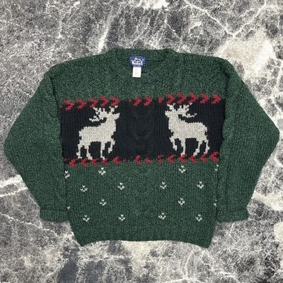 Vintage Woolrich Sweater Mens Large Wool Green Cable Knit Christmas Deer 90s - Image 1 of 4