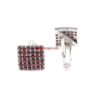 Natural Garnet Gemstone With 18k White Gold Plated Silver Cufflinks #20 Foto 1 de 4