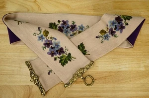 Vintage Wool Needlepoint Cast Brass Handle Bell Pull Violet Floral Pattern 64" - Picture 1 of 6