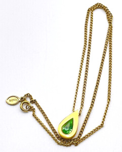 Avon Signed Green Rhinestone Charm Necklace Gold Tone Pear Shape Birthstone May