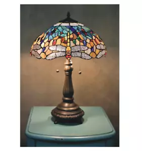 Lamp Tiffany Dragon Fly Style Table Stained Glass Blue Shade Light Desk Glam Red - Picture 1 of 3