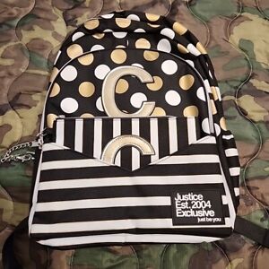 NWT Justice Black/Gold Stripe/Dot Backpack with Wristlet/Pencil Case Initial - C