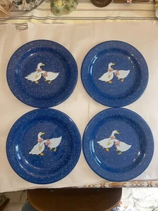 Set Of 4 Blue With White Specs Enamelware Plates - Picture 1 of 6