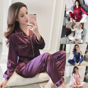 Satin Pyjamas Ladies Womens PJs Silk Long Sleeve Soft Nightwear Sleepwear Set / - Picture 1 of 20